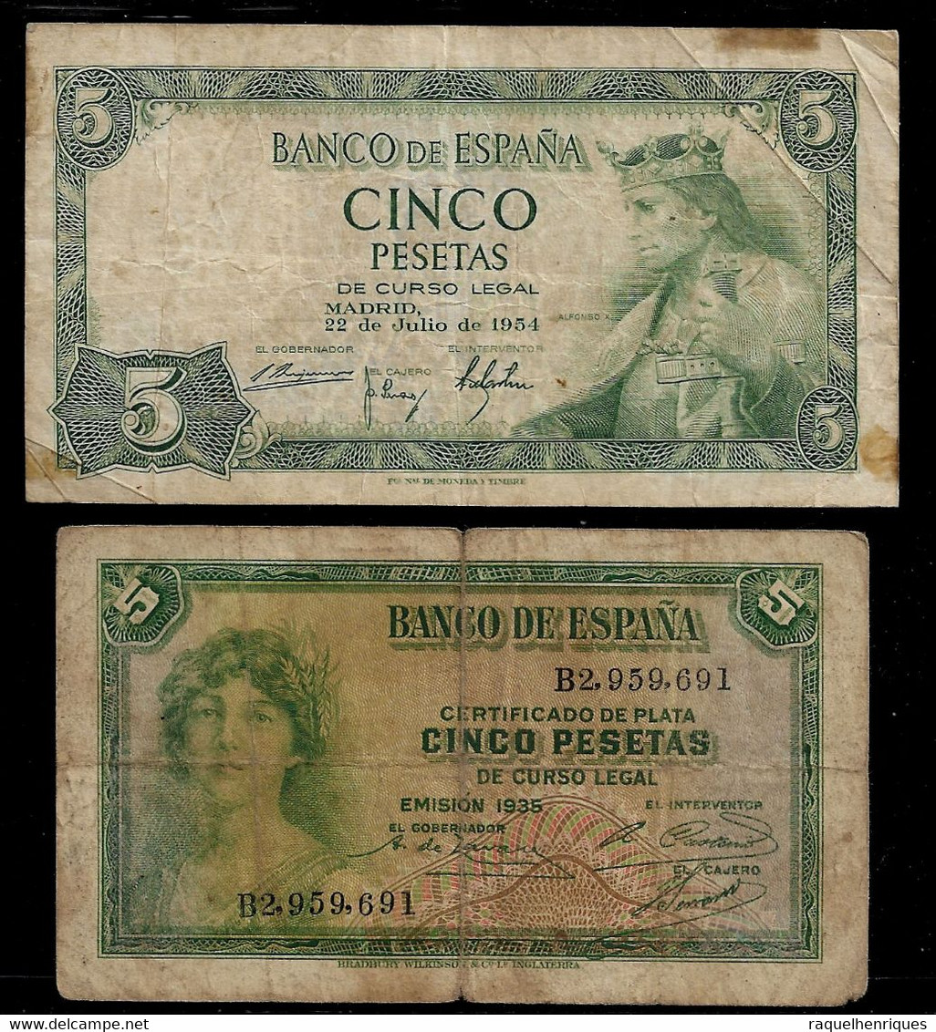 SPAIN BANKNOTE - 2 USED NOTES 5 PESETAS 1935 - 1954 P#85a-146a F (NT#03) - 10 Pesetas