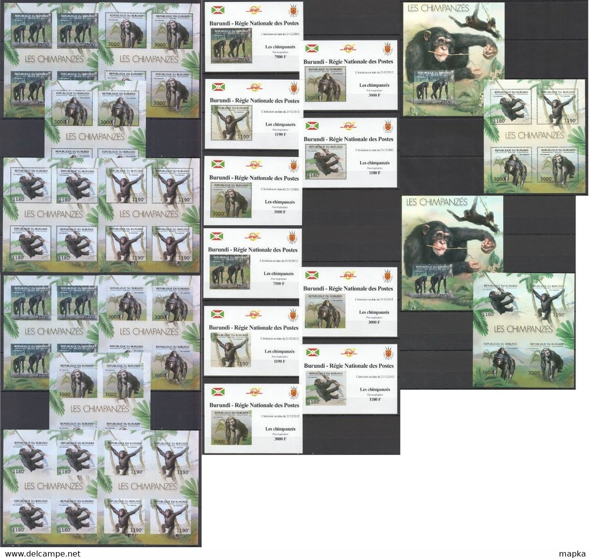 XX632 IMPERFORATE, PERFORATE 2012 BURUNDI ANIMALS PRIMATES CHIMPANZES 12KB+2BL+10 LUX BL MNH - Chimpansees
