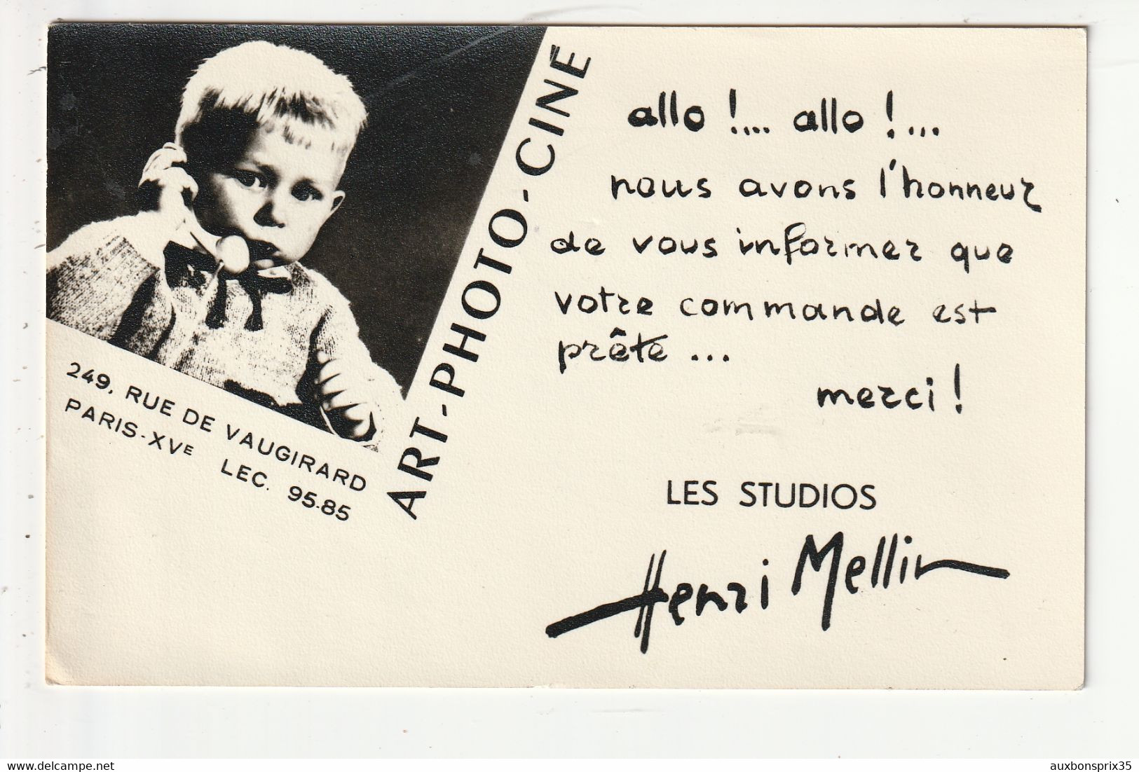 CARTE PUBLICITAIRE - ART PHOTO CINE - 249 RUE DE VAUGIRARD - LES STUDIO HENRI MELLIN - PARIS XV - 75 - Photographie