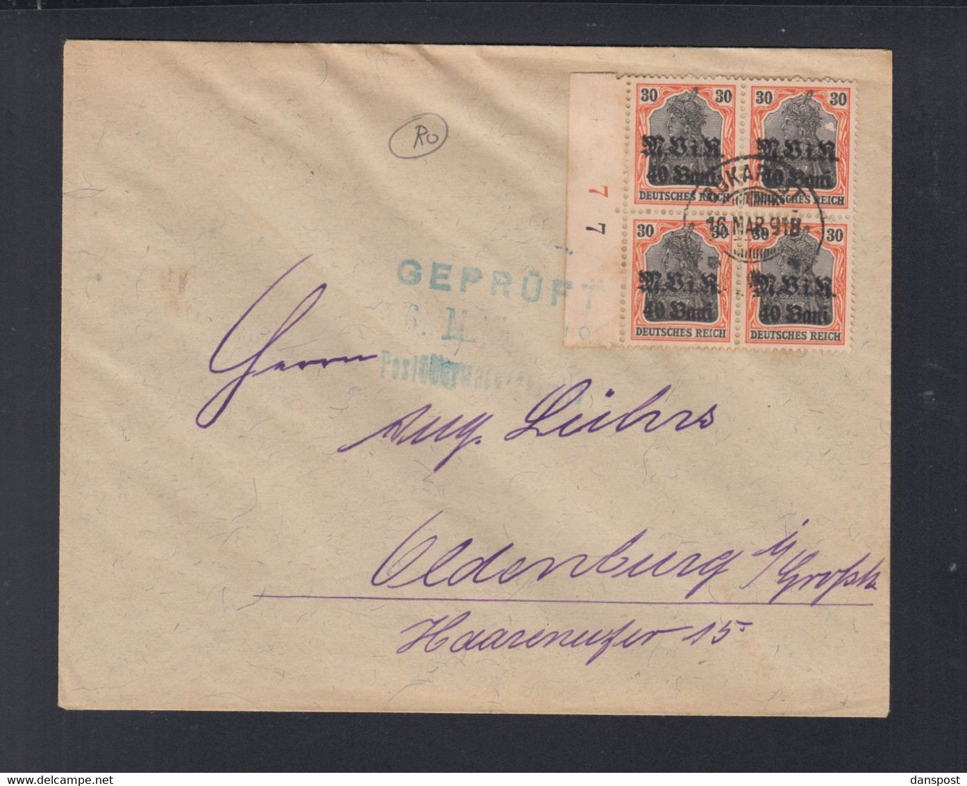Rumänien Romania Dt. Resetzung MViR 4er Block Auf Brief 1918 - 1. Weltkrieg (Briefe)
