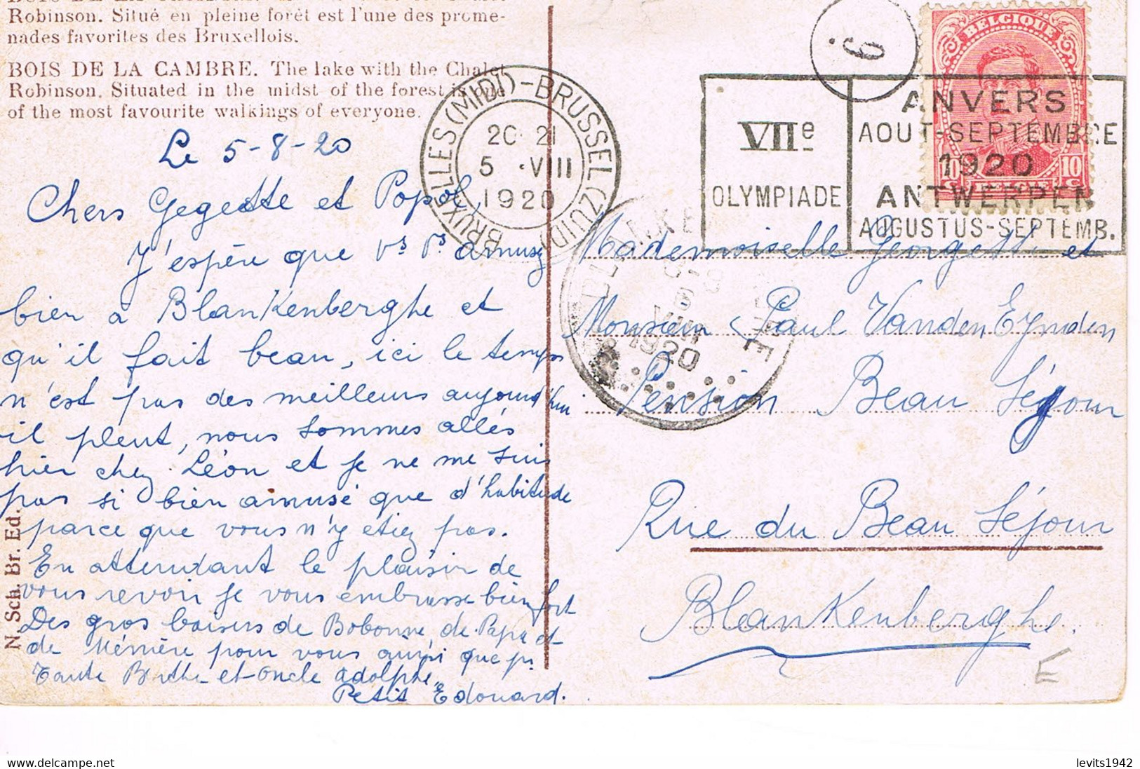 JEUX OLYMPIQUES 1920 - MARQUE POSTALE - BRUXELLES - 5 - VIII - - Sommer 1920: Antwerpen