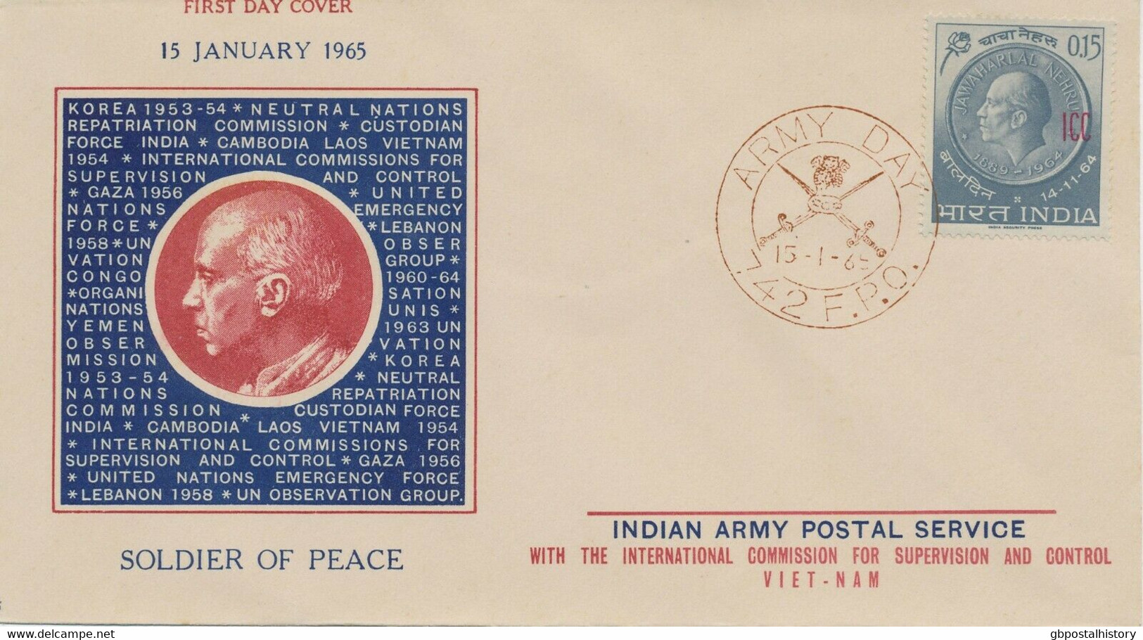 INDIA Indian Police Forces In Laos And Vietnam 1965 Army Day W. Overprint "ICC" - Franquicia Militar