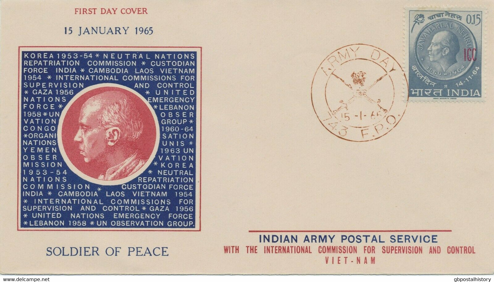 INDIA Indian Police Forces In Laos And Vietnam 1965 Army Day W. Overprint "ICC" - Franchigia Militare