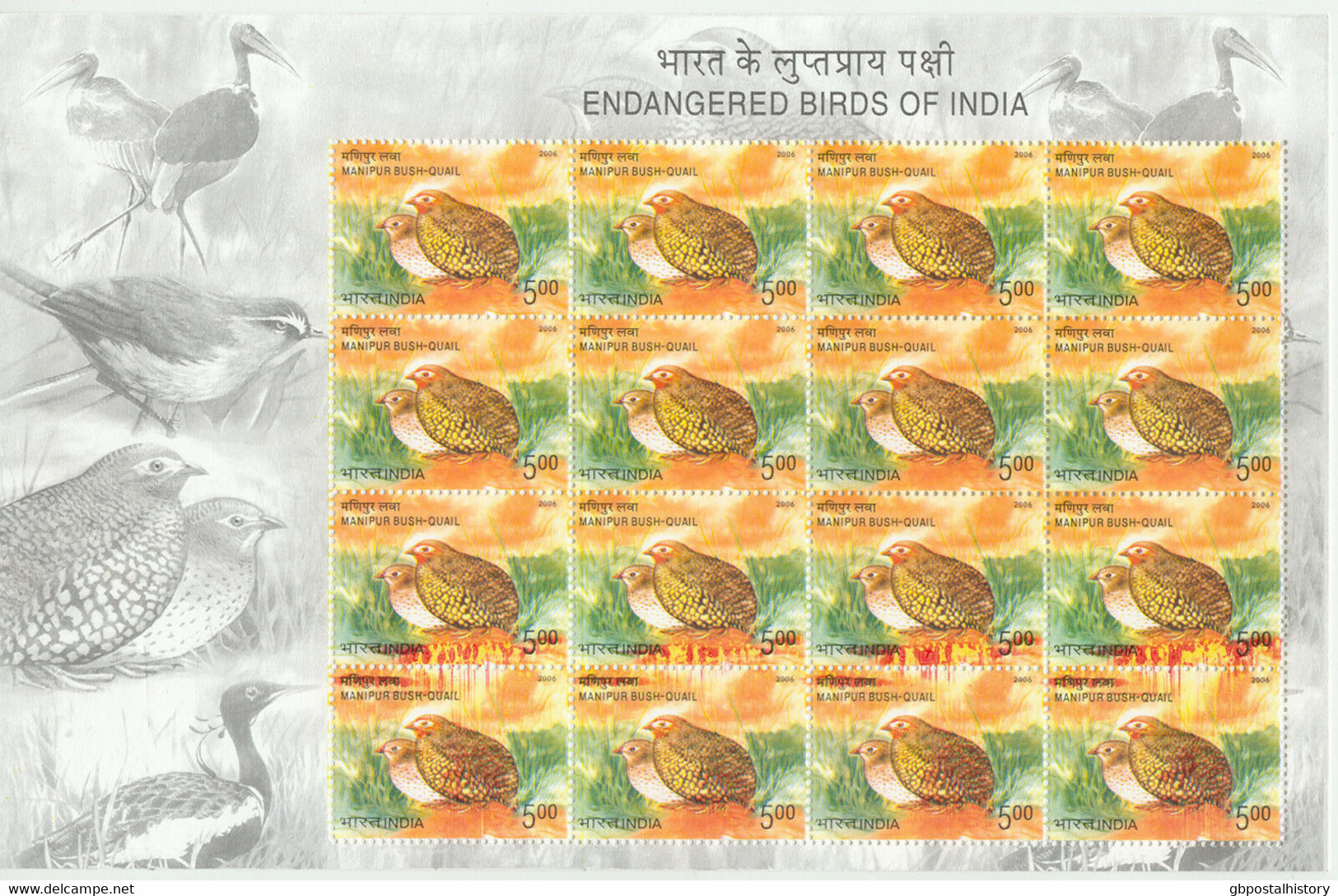 INDIA 2006 Birds - Manipur Bush-Quail, U/M MS (4 X 4stamps) 5 R. MAJOR VARIETIES - Variedades Y Curiosidades