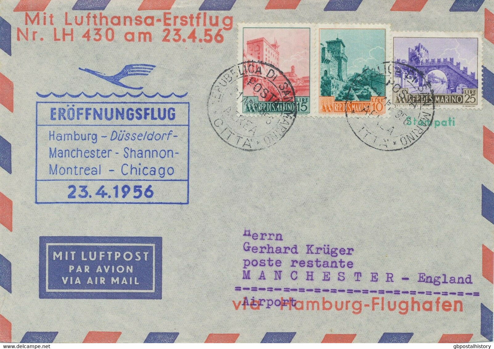 SAN MARINO 1956 Mitläuferpost Dt. Lufthansa Mit LH 430 "HAMBURG - MANCHESTER" - Luftpost