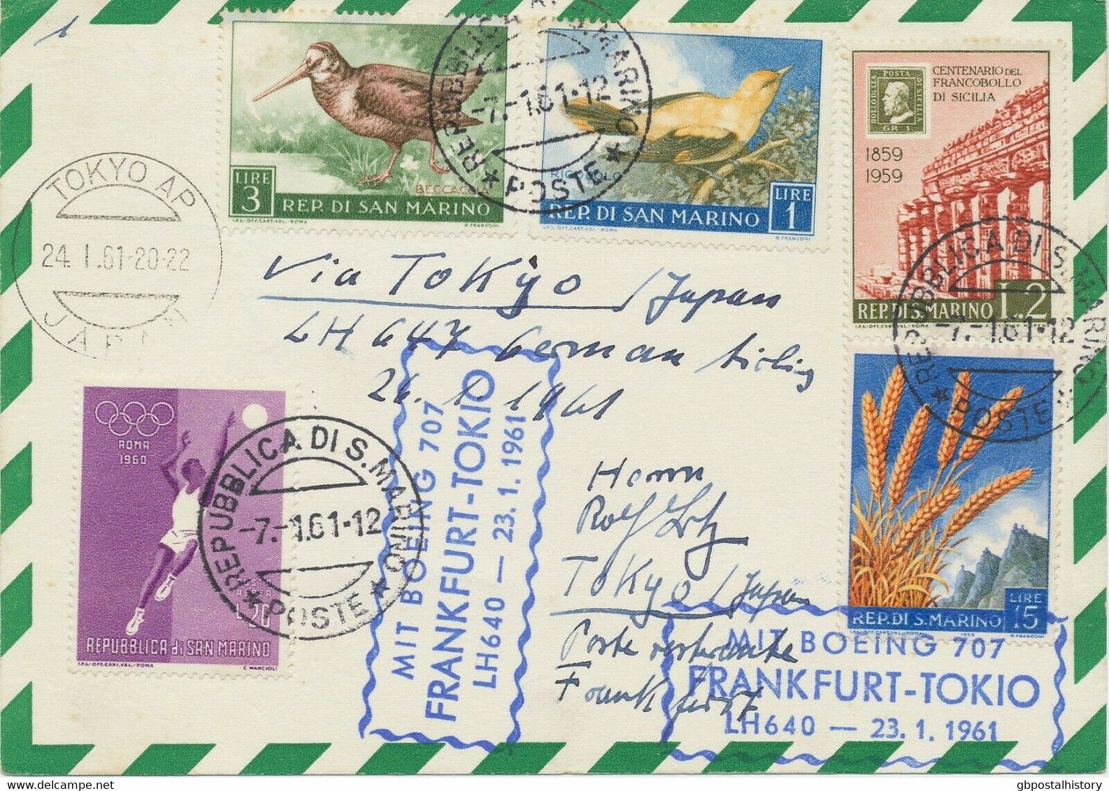 SAN MARINO 1961 Mitläuferpost Dt.Lufthansa Mit Flug LH 640 "Frankfurt - Tokyo" - Luftpost