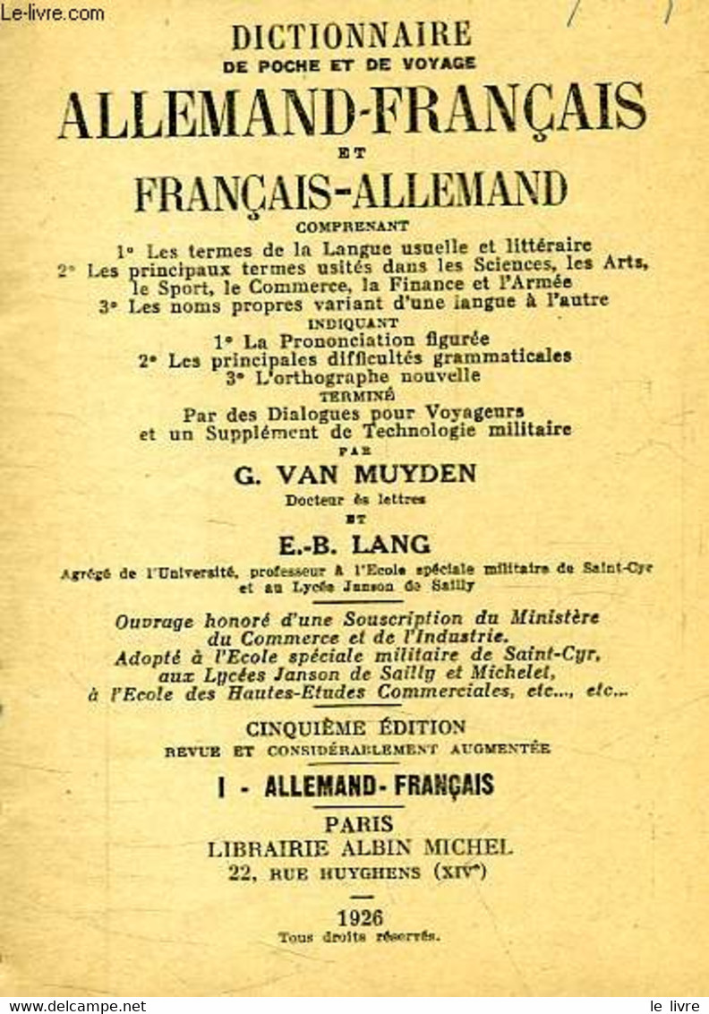 DICTIONNAIRE DE POCHE ET DE VOYAGE ALLEMAND-FRANCAIS ET FRANCAIS-ALLEMAND - MUYDEN G. VAN, LANG E.-B. - 1926 - Atlanten