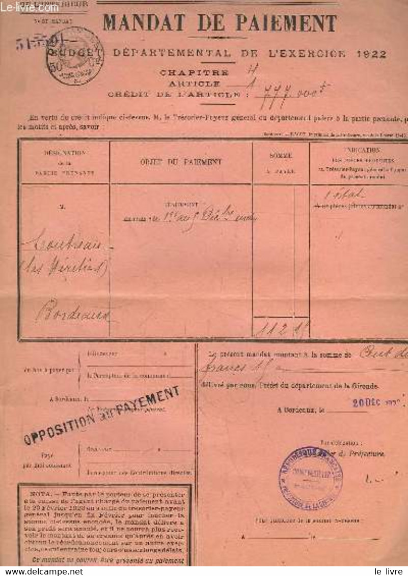 Mandat De Paiement - Budget Département De L'Exercice 1922 - Coutreau (Les Héritiers) - DEPARTEMENT DE LA GIRONDE - 1922 - Décrets & Lois