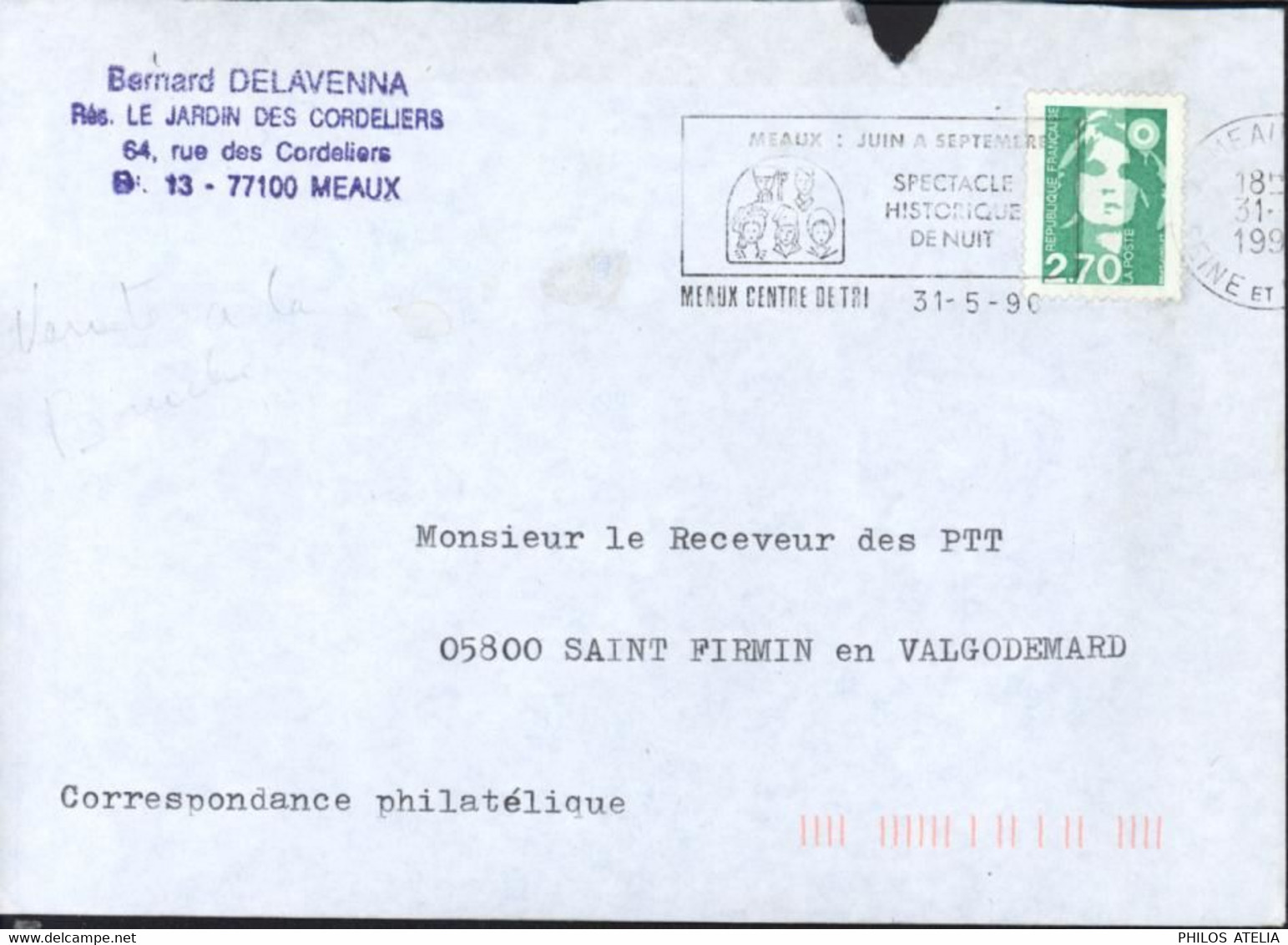 YT 3005 Marianne Briat Verte 2,70 Variété Bouche Côté Gauche CAD Meaux Centre De Tri 31 5 90 - Cartas & Documentos