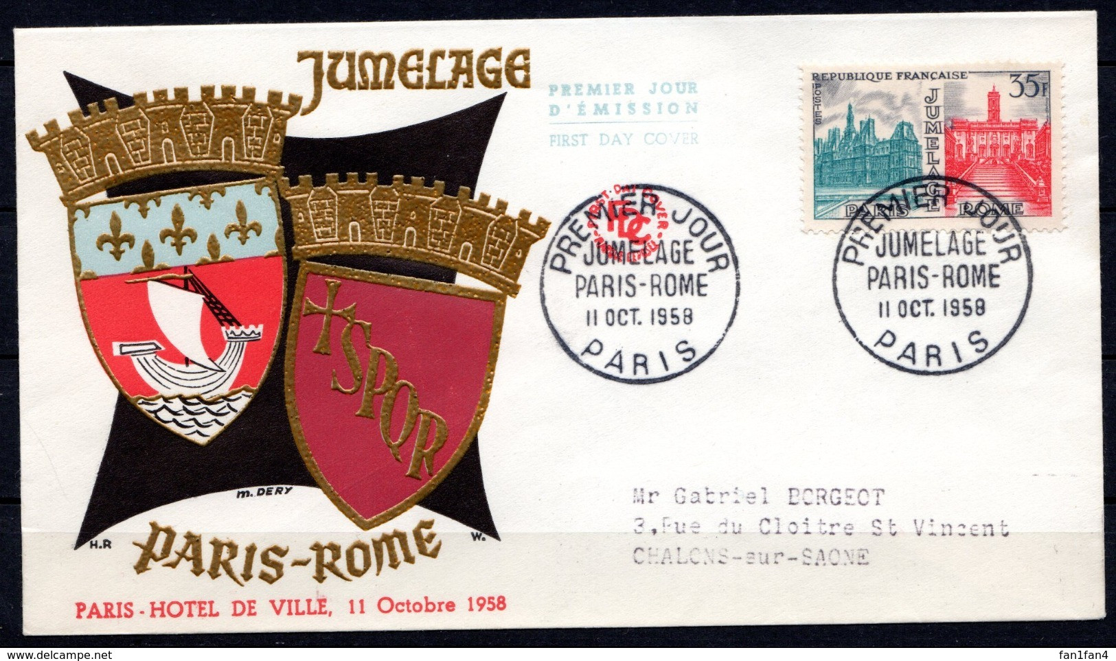 FDC FRANCE 1958 - N° 1176 - 35 F - Jumelage PARIS - ROME - 1950-1959