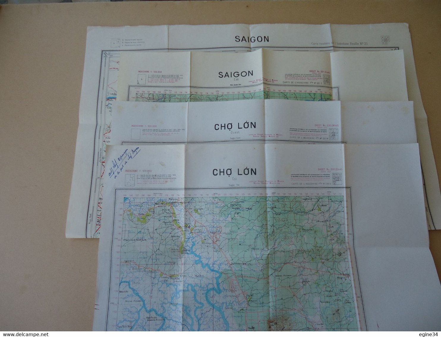 Lot 4 Cartes Routières De L'Indochine - SAIGON No 21 - Saigon Est No 221 -  Cho Lon Est - Cho Lon Ouest No 230 - 1950 - Strassenkarten