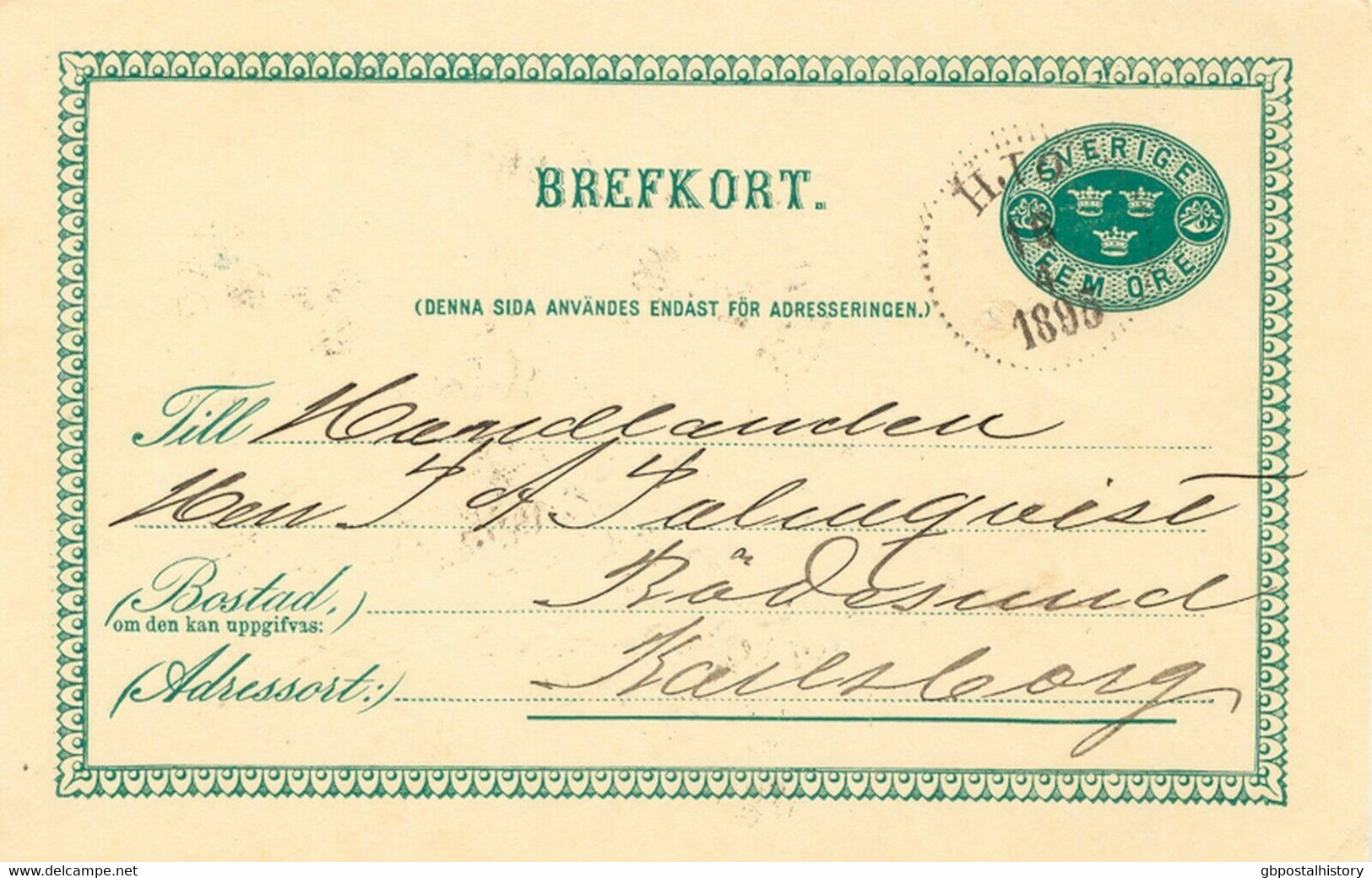 SCHWEDEN 16.4.1895, "HJO" K1 Glasklar A. 5 (FEM) Öre Grün GA-Postkarte, Kab. - 1872-1891 Ringtyp