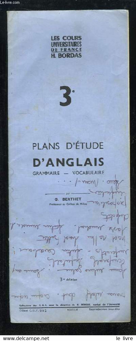 Plans D'étude D'Anglais, Grammaire / Vocabulaire. - BERTHET G. - 0 - English Language/ Grammar