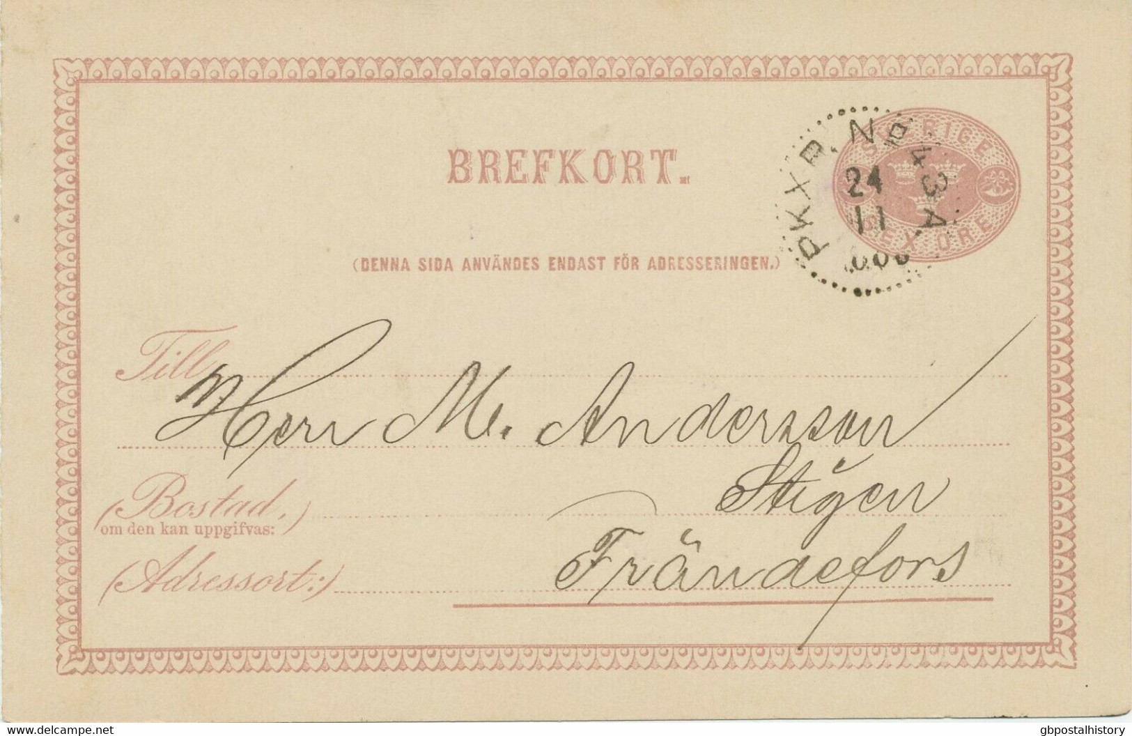 SCHWEDEN 1883 Sex Öre Blasslila GA-Postkarte-Antwortteil N. Fränacfors Bahnpost - 1872-1891 Ringtyp