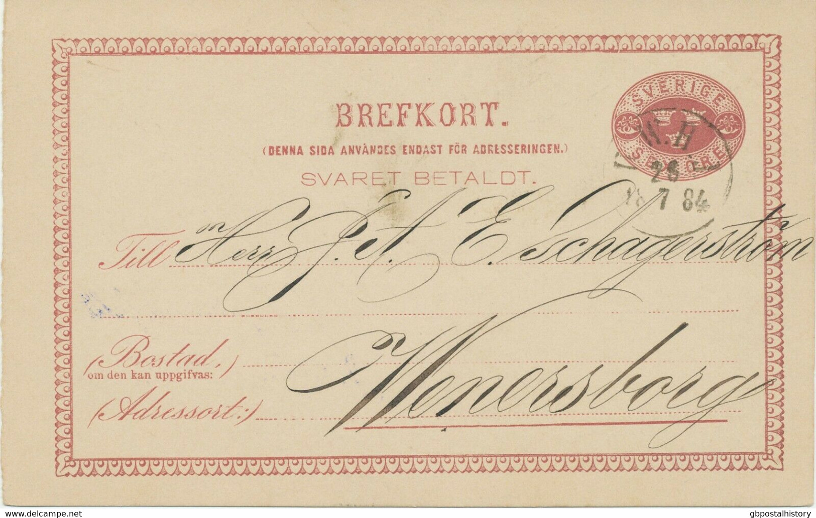 SCHWEDEN 1884 Sex Öre Dunkellila GA-Postkarte-Frageteil N. Wenersborg Bahnpost - 1872-1891 Ringtyp