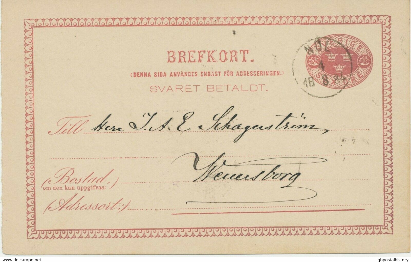 SCHWEDEN 1884, Sex Öre Dunkellila Kab.-GA-Postkarte-Frageteil M. Selt. K1 "NOL" - 1872-1891 Ringtyp