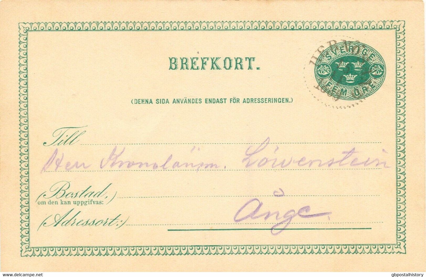 SCHWEDEN 1889, "HERNÖSAND" (HÄRNÖSAND) K1 Klar A. 5 (FEM) Öre Grün GA-Postkarte - 1872-1891 Ringtyp