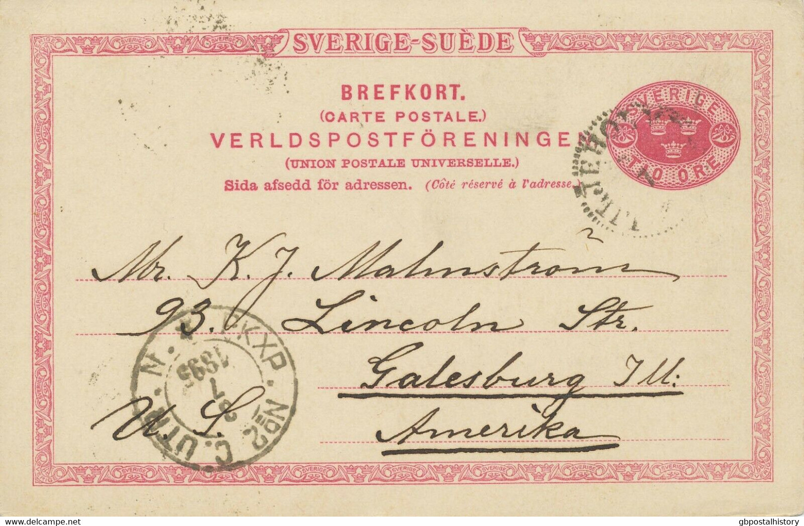 SCHWEDEN 1895 10 Öre GA-Postkarte M. Bahnpost-K2 "PKXP. No.2 C. UTR. N." N. USA - 1872-1891 Ringtyp