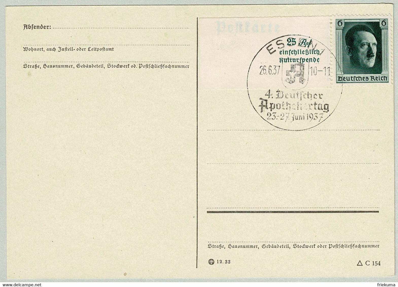 Deutsches Reich 1937, Postkarte Apothekertag Essen - Pharmacy