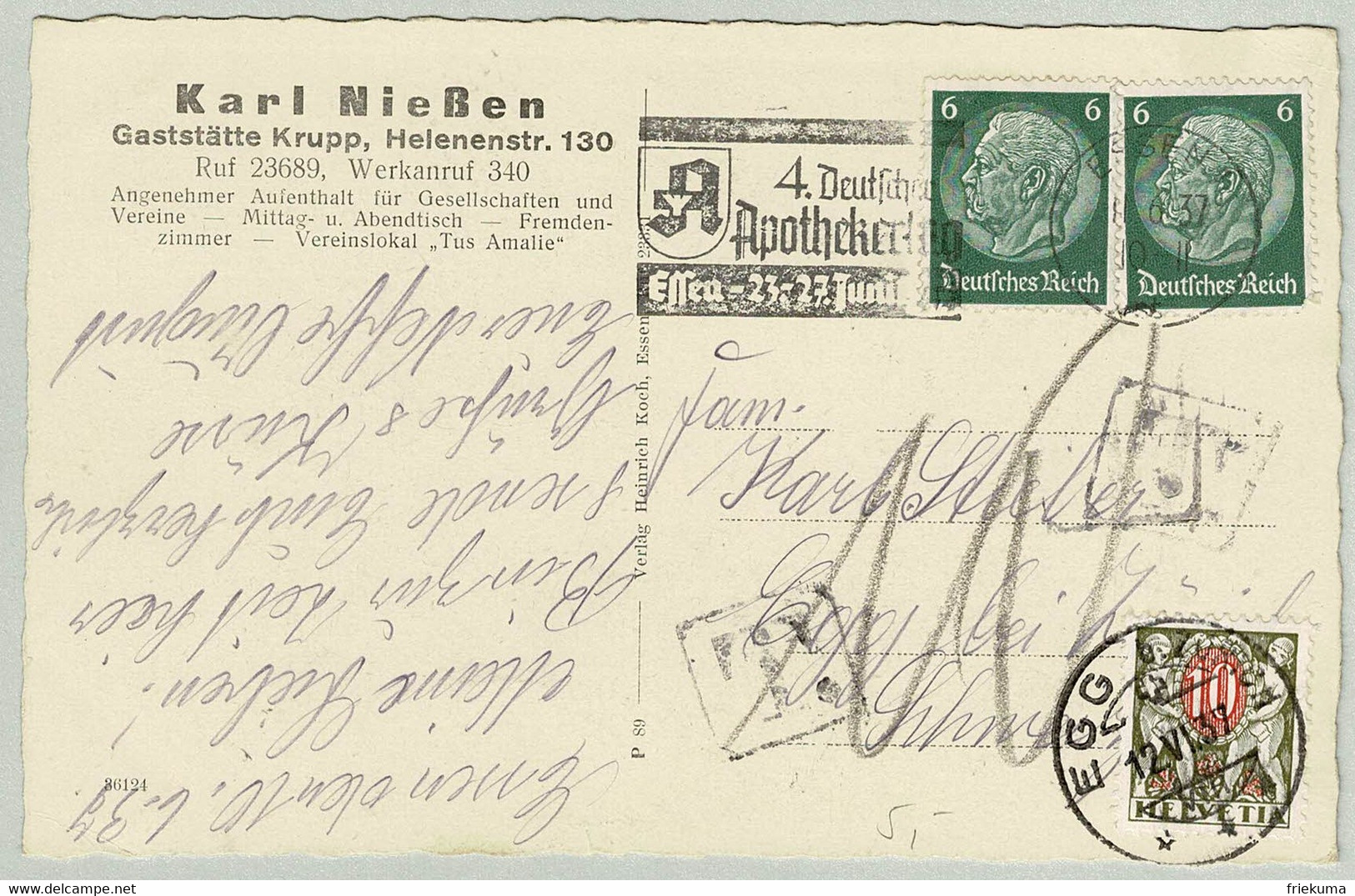 Deutsches Reich 1937, Postkarte Gaststätte Krupp Apothekertag Essen - Egg (Schweiz), Hindenburg, Nachporto Schweiz - Pharmacy