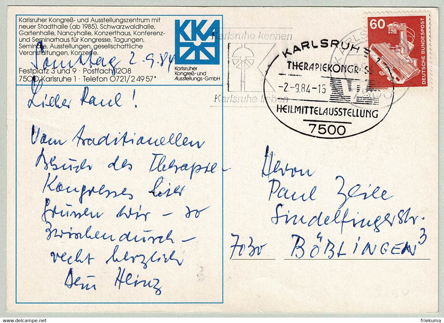 Deutsche Bundespost 1984, Postkarte Therapiekongress Heilmittel Ausstellung Karlsruhe - Böblingen - Pharmacy