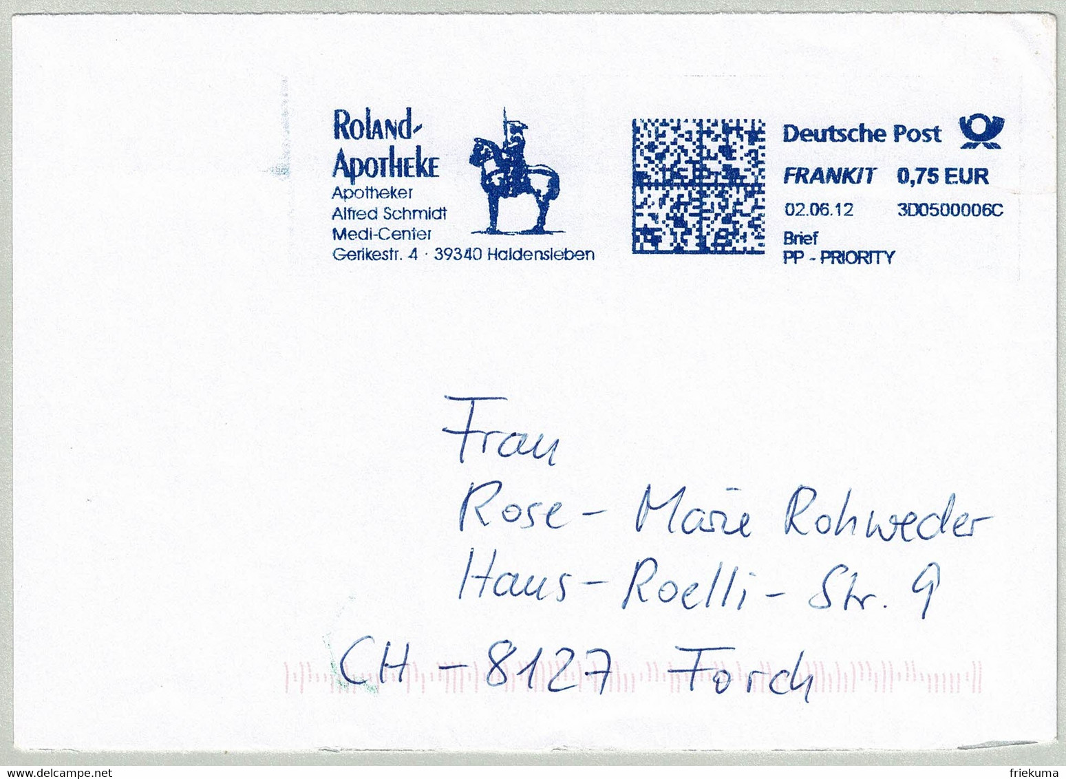 Deutsche Post 2012, Brief Frankit Roland Apotheke Haldensleben - Forch (Schweiz) - Pharmacy