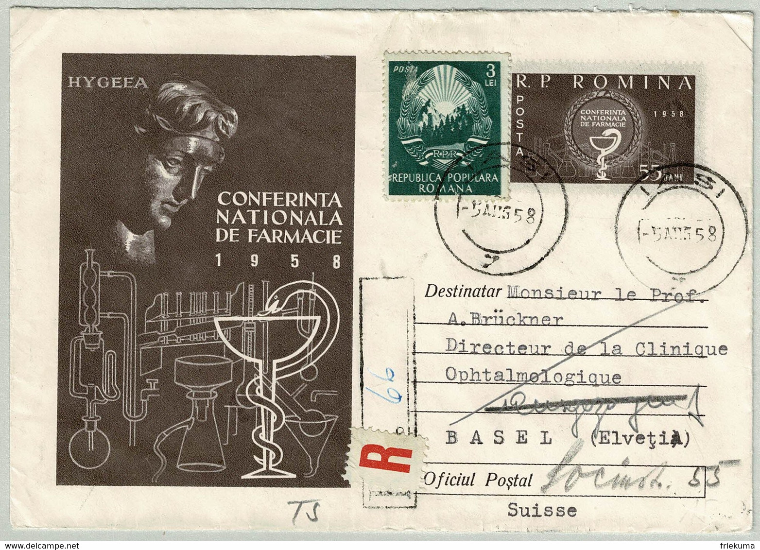 Rumänien / Romina 1958, Eingeschriebener Ganzsachenbrief CONFERINTA NATIONALA DE PHARMACIE Iasi - Basel (Schweiz) - Pharmacy