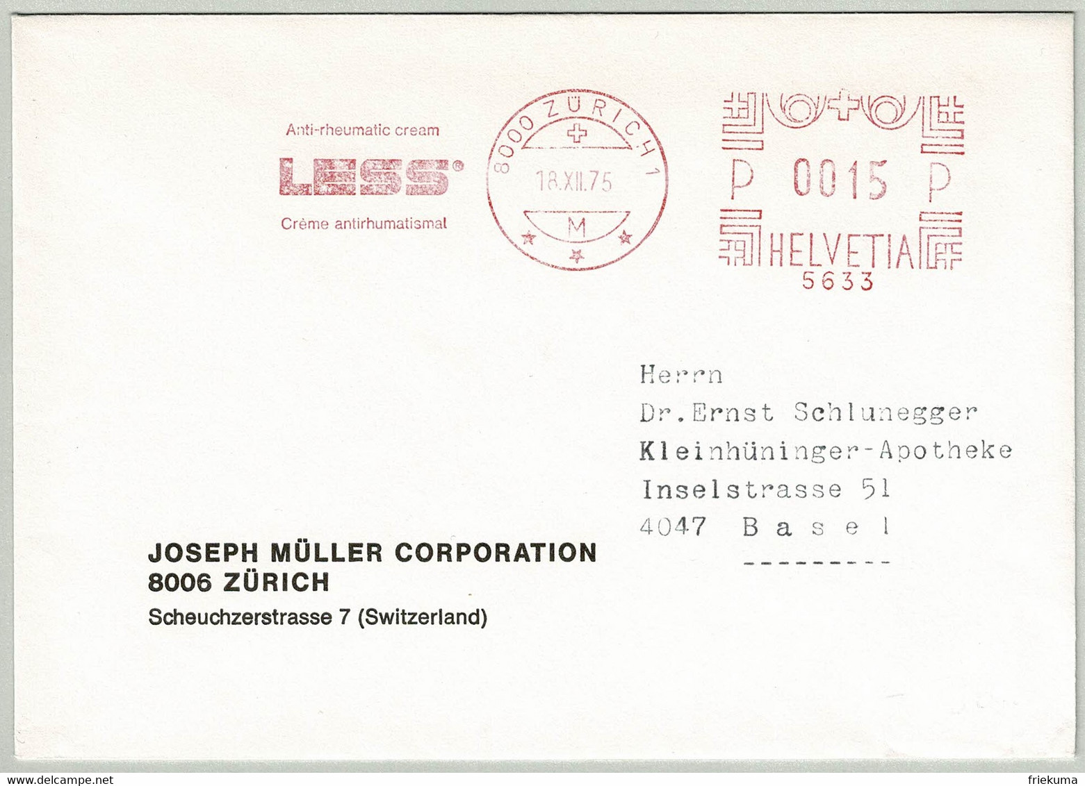Schweiz / Helvetia 1975, Brief EMA Less Zürich - Basel, Rheuma / Rhumatismes / Rheumatism - Pharmacy