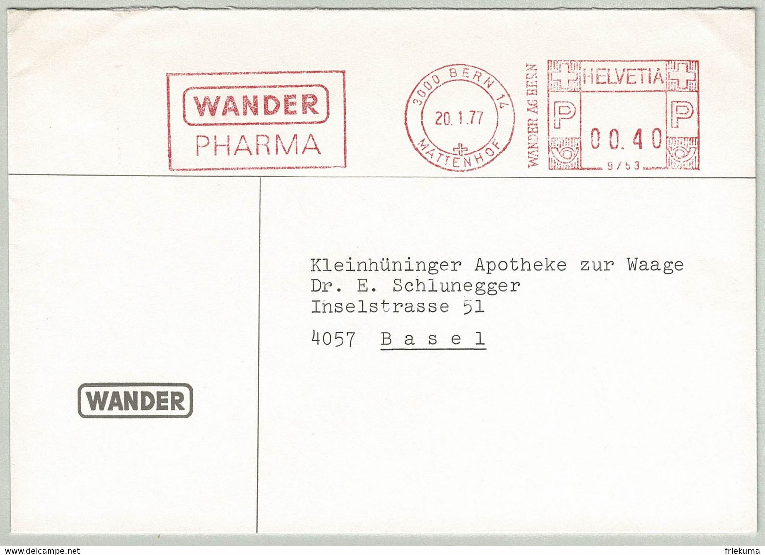 Schweiz / Helvetia 1977, Brief EMA Wander Pharma Bern - Basel - Pharmacy