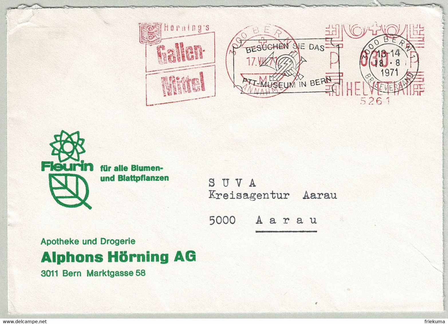 Schweiz / Helvetia 1971, Brief EMA Hörning AG Bern - Aarau, Gallen-Mittel / Remèdes à La Bile / Bile Remedy - Pharmacy