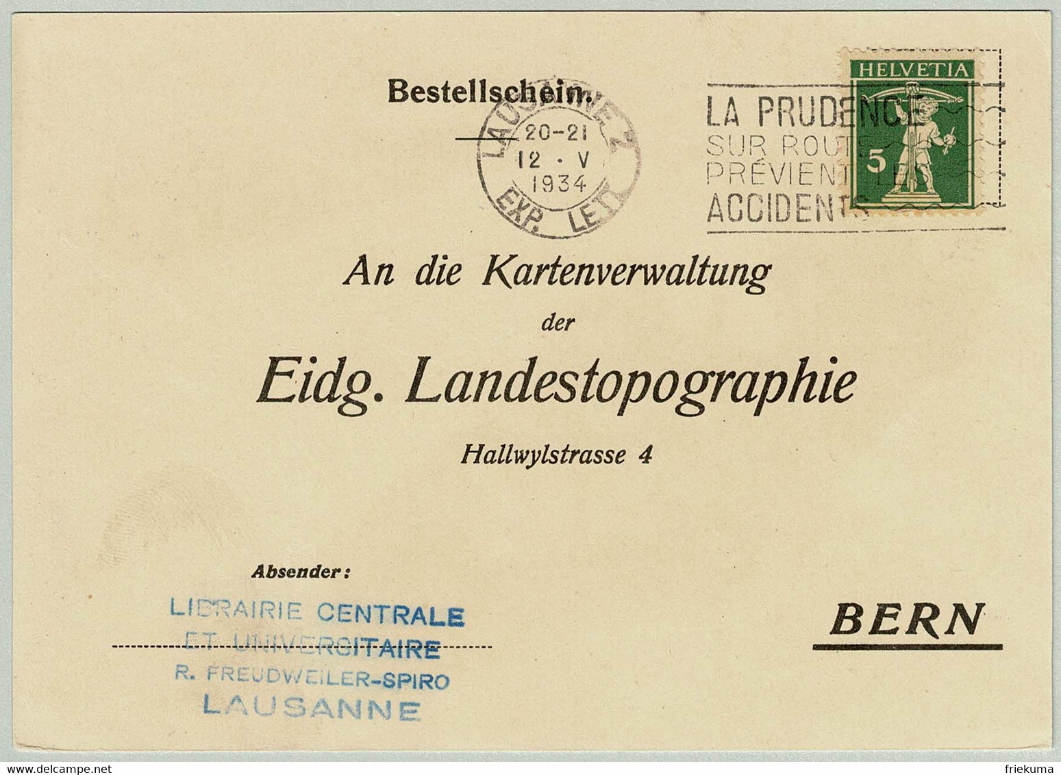 Schweiz / Helvetia 1934, Postkarte Lausanne - Bern, Caution On The Road Prevents Accidents - Accidents & Road Safety