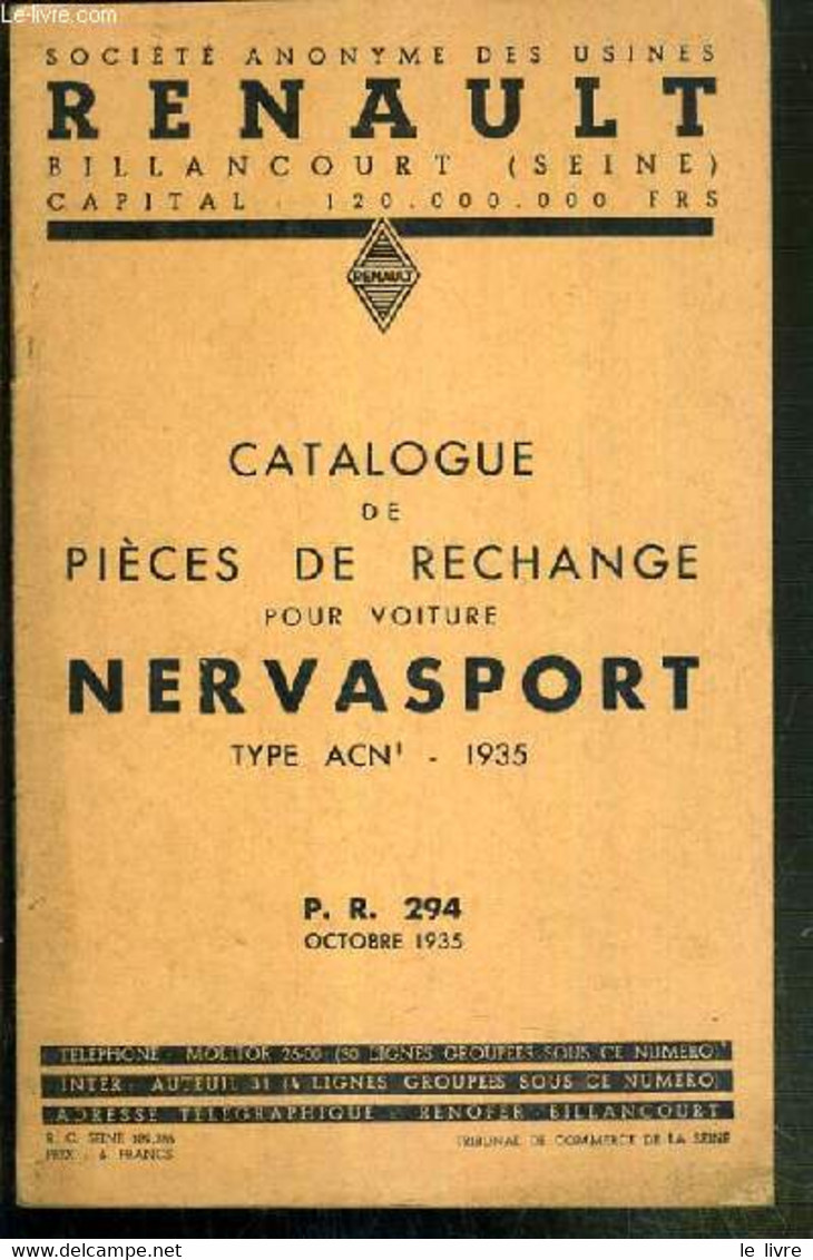 SOCIETE ANONYME DES USINES RENAULT BILLANCOURT (Seine) - CATALOGUE DE PIECE DE RECHANGE POUR VOITURE NERVASPORT TYPE ACN - Auto