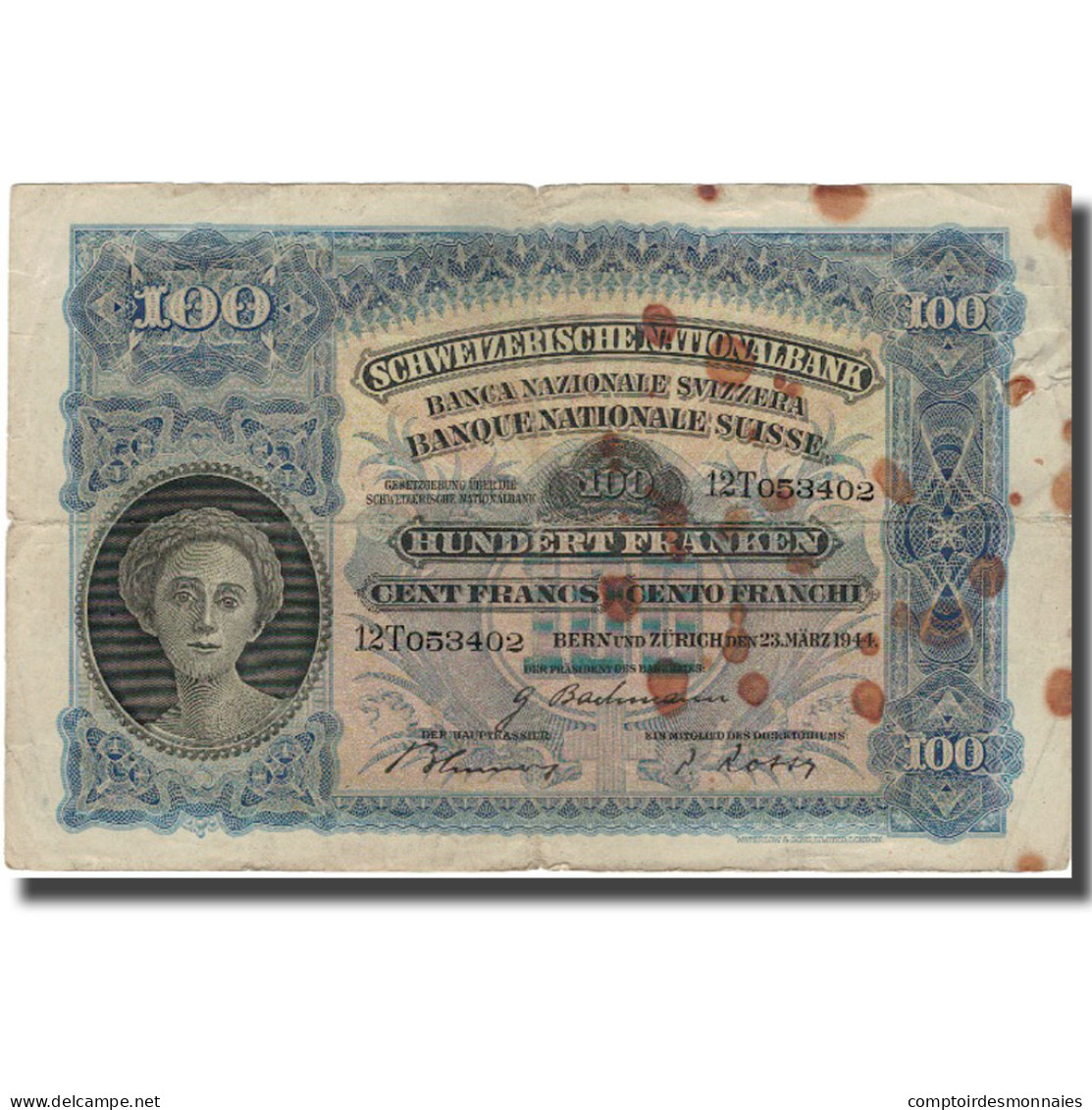 Billet, Suisse, 100 Franken, 1944, 1944-03-23, KM:35r, TB - Suisse