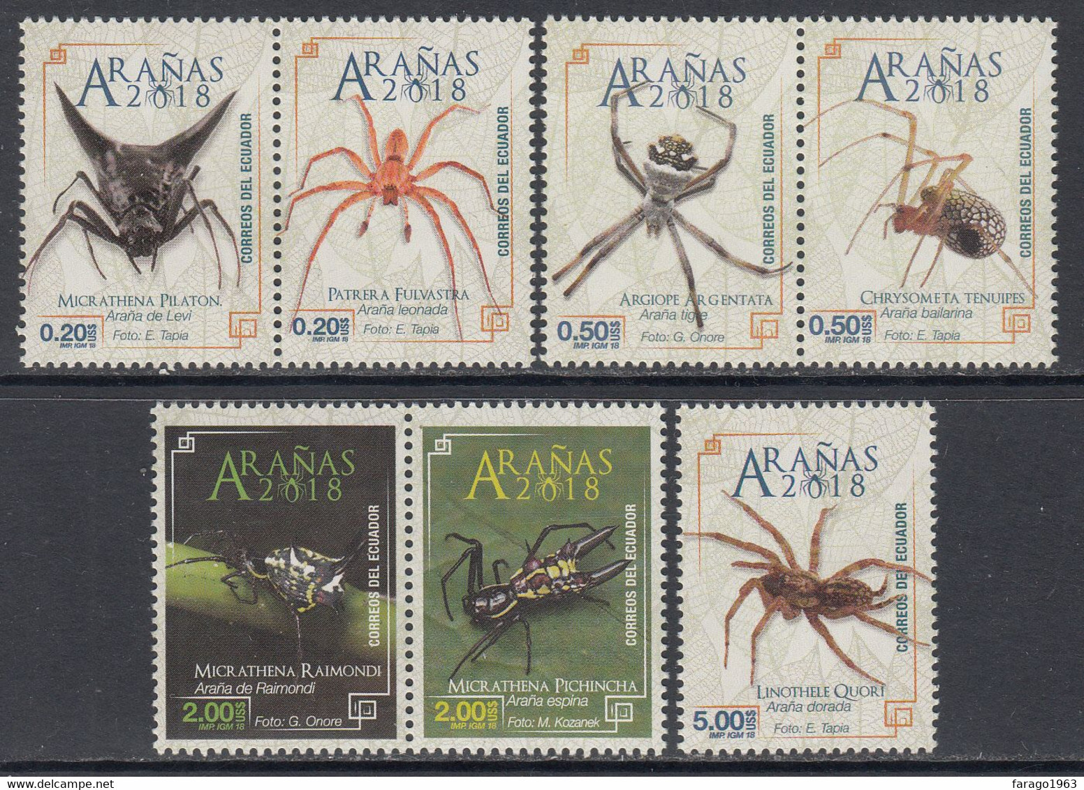 2018 Ecuador Spiders Arachnids Complete Set Of 7 MNH - Equateur