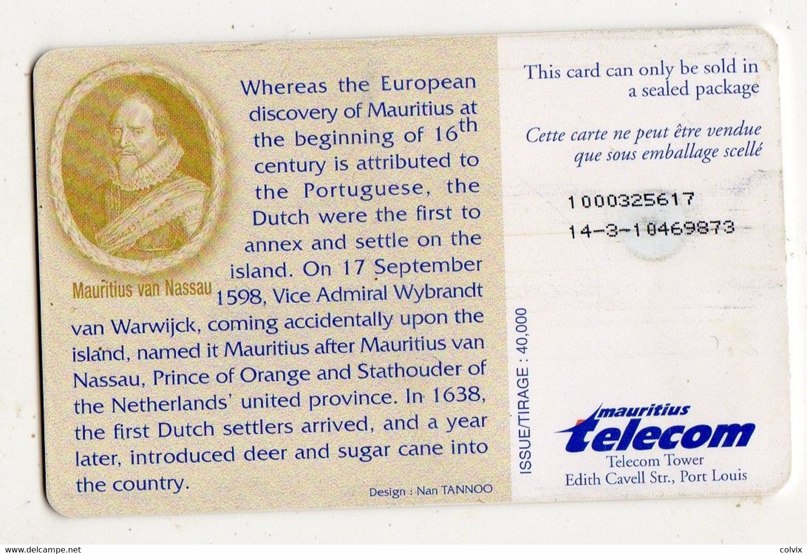 MAURICE Ref MV Cards MAU-37 50OU DUTCH LANDING IN MAURITIUS Date 1998 - Mauritius