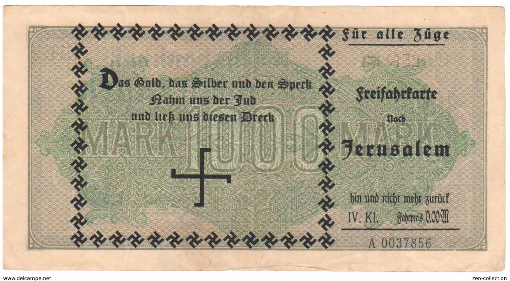 WW2 Germany Nazi "One Way Ticket To Jerusalem" Propaganda FORGERY Overprint On Genuine 1000 Mark 1923 Banknote VF - Other & Unclassified