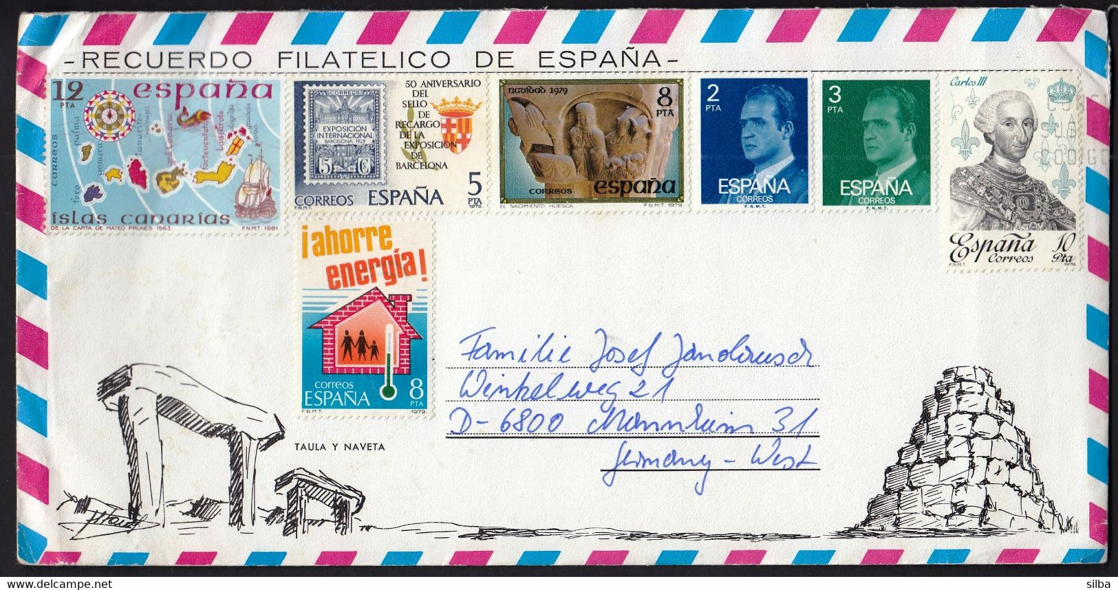 Spain Airmail Air Mail / Taula Y Naveta / King Juan Carlos Islas Canarias Carlos III / Menorca Picture On The Back Side - Storia Postale