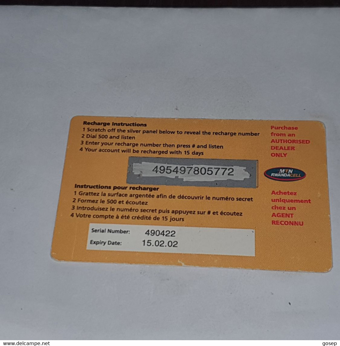RWANDA-(RW-ACC-REF-0002D/1)pay As You Go Cattle-(2)-(frw-2.500)-(495497805772)-(15/2/2002)used Card+1card Prepiad Free - Ruanda