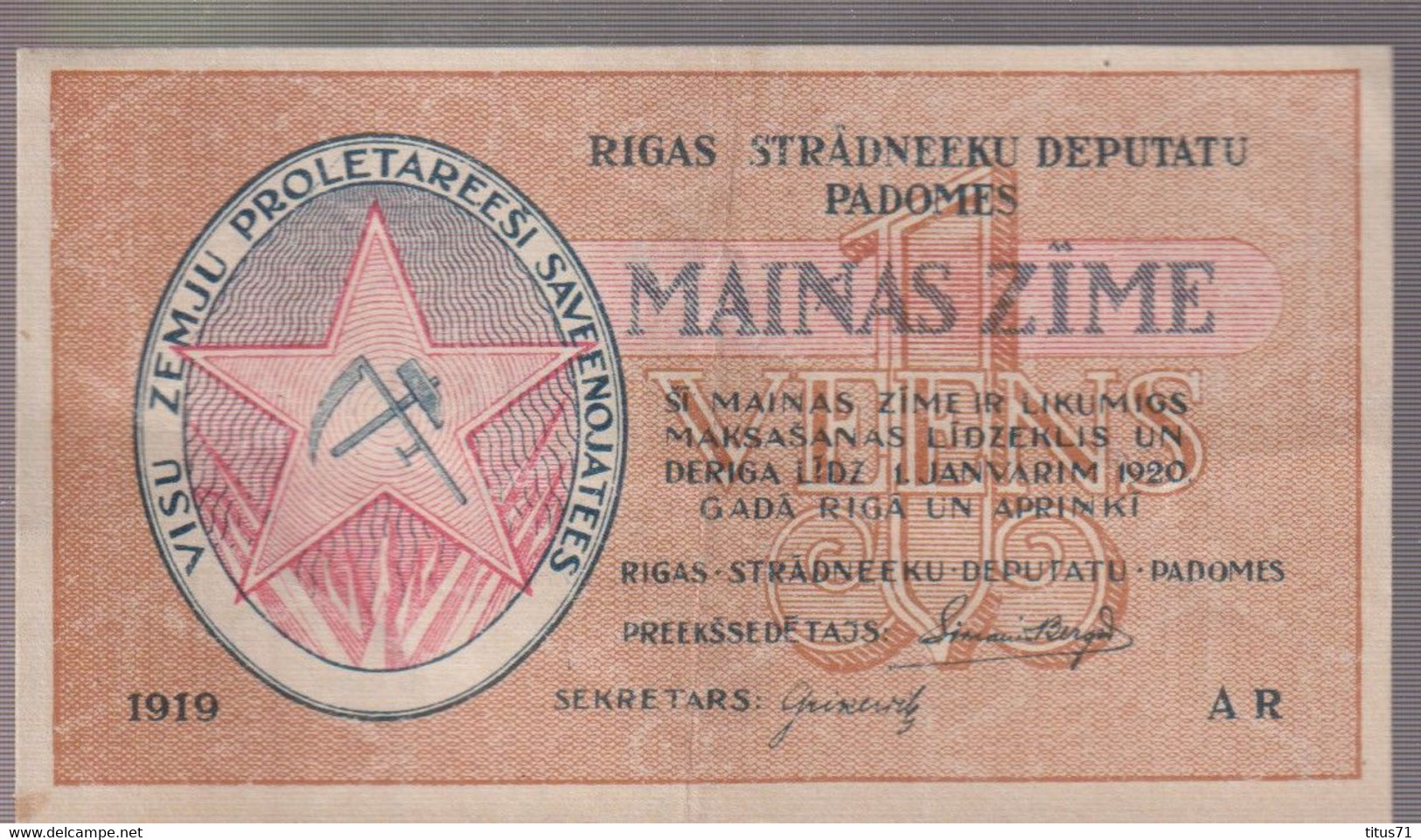 Billet 1 Rublis Lettonie / Latvia - Monnaie Locale Du Soviet De Riga - 1919 - SUP - Letonia