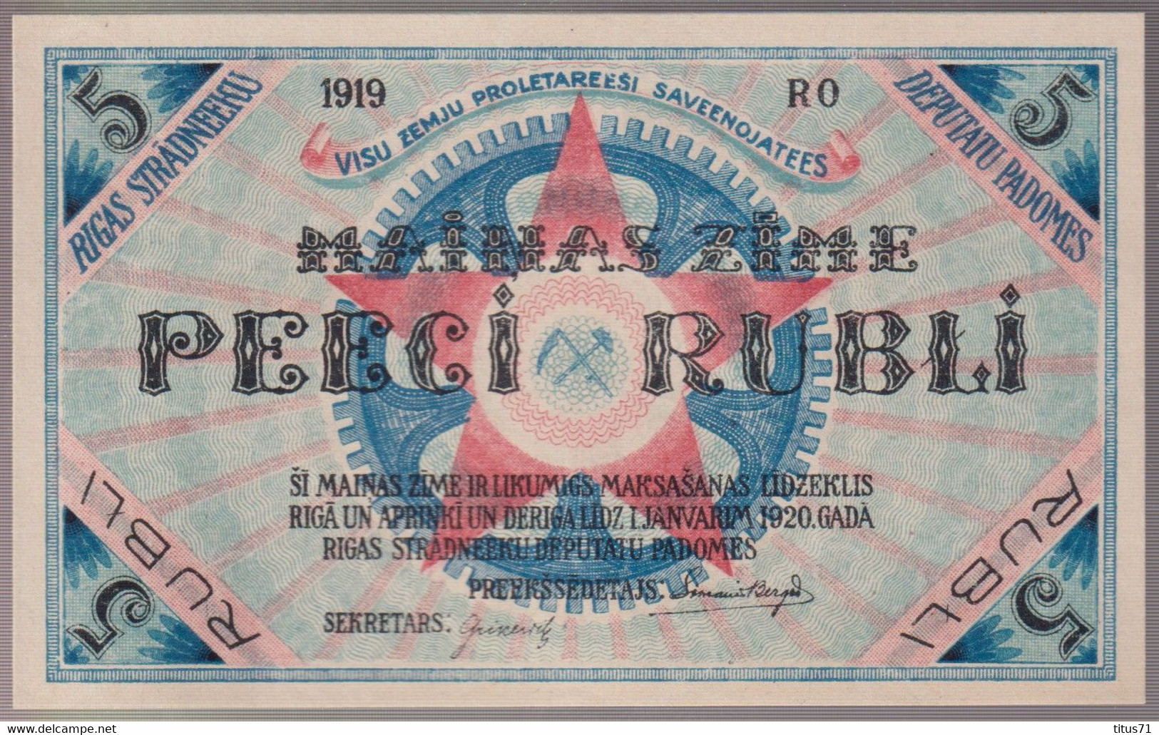 Billet 5 Rubli Lettonie / Latvia - Monnaie Locale Du Soviet De Riga - 1919 - Etat Neuf - Latvia