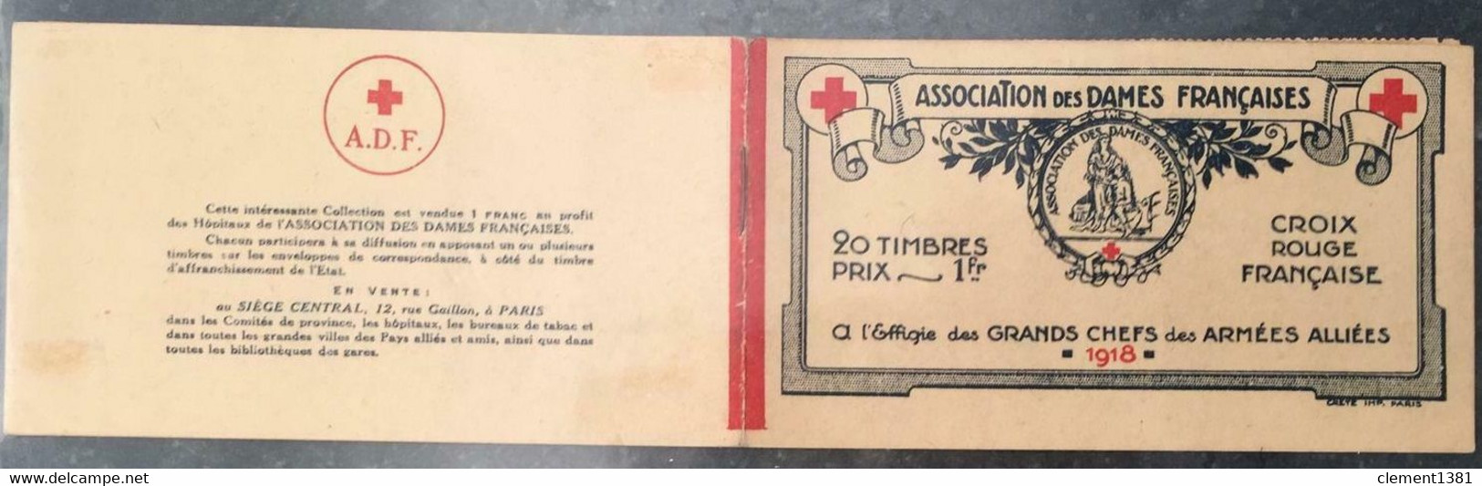 FRANCE MILITARIA VIGNETTES CROIX ROUGE 1914/18 CARNET ASSOCIATION DES DAMES FRANÇAISES 20 TIMBRES ERINNOPHILIE - Croix Rouge
