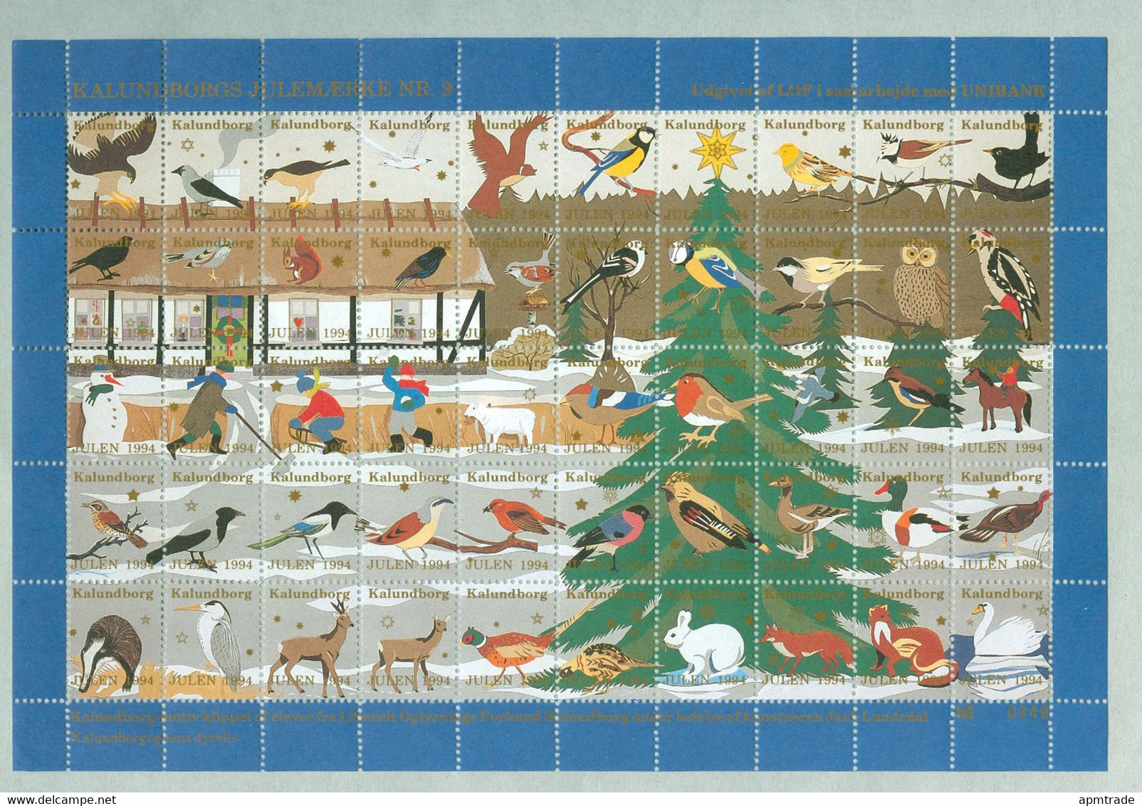 Denmark 10 Full Christmas Sheet 1994 Kalundborg Animals. Owl,Birds,Fox,Horse,Swan. MNH - Full Sheets & Multiples