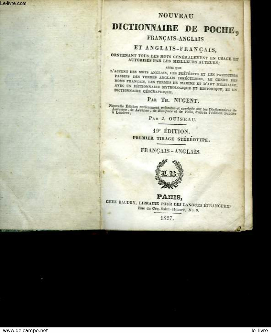 Nouveau Dictionnaire De Poche Français-anglais Et Anglais-français - NUGENT Th. - 1827 - Dictionaries, Thesauri