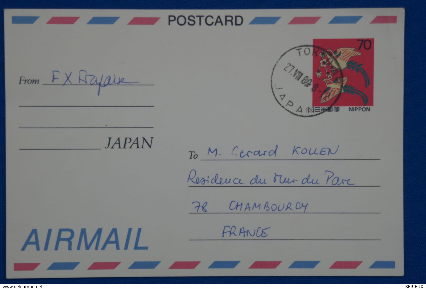 N16 JAPON BELLE CARTE 1989 VOYAGEE TOKYO POUR CHAMBOURCY FRANCE+ AFFRANCHISSEMENT PLAISANT - Covers & Documents