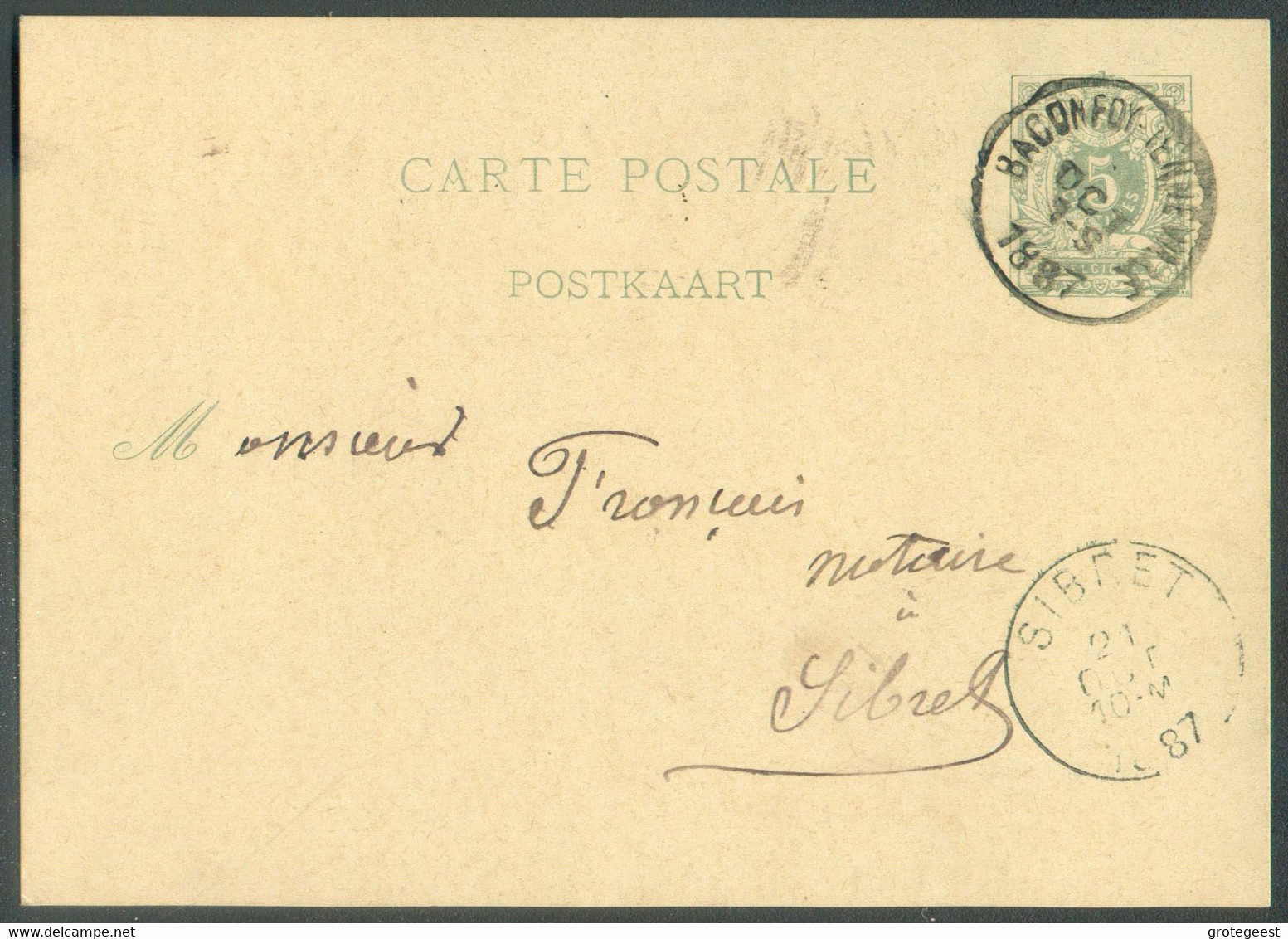E.P. Carte 5 Centimes Daté De Sainte-ODE Et Obl. Sc BACONFOY-TENNEVILLE  21 Octobre 1887 Vers Sibret TB  - 17600 - Cartes Postales 1871-1909