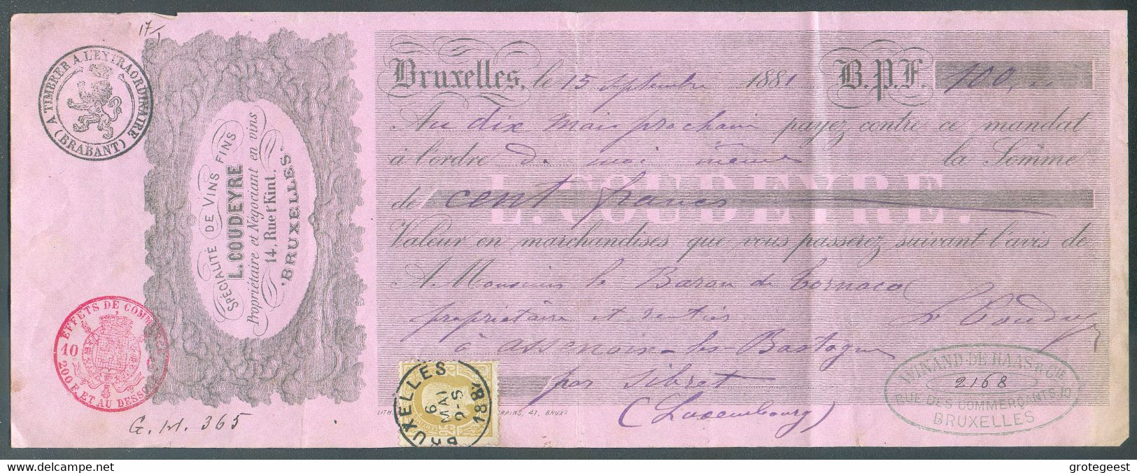 TB Traite De BRUXELLES Spécialité De VINS FINS L. Coudeyre 14 Rue T'Kint, Affr. N°32 (25c. Obl. Sc BRUXELLES 6 Mai 1881) - Vini E Alcolici