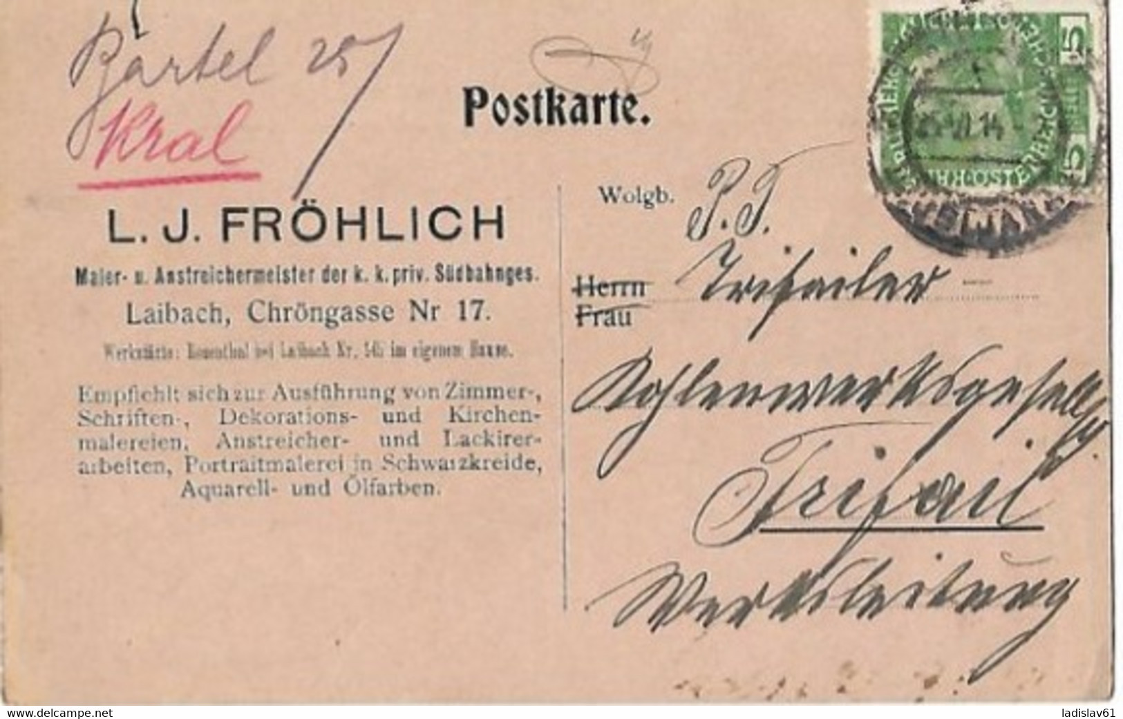 DOPISNICA,¨LJUBLJANA - L.J. FRÖHLICH, MALER,ANSTREICHER Und LACKIERERGESCHAFT - Eslovenia