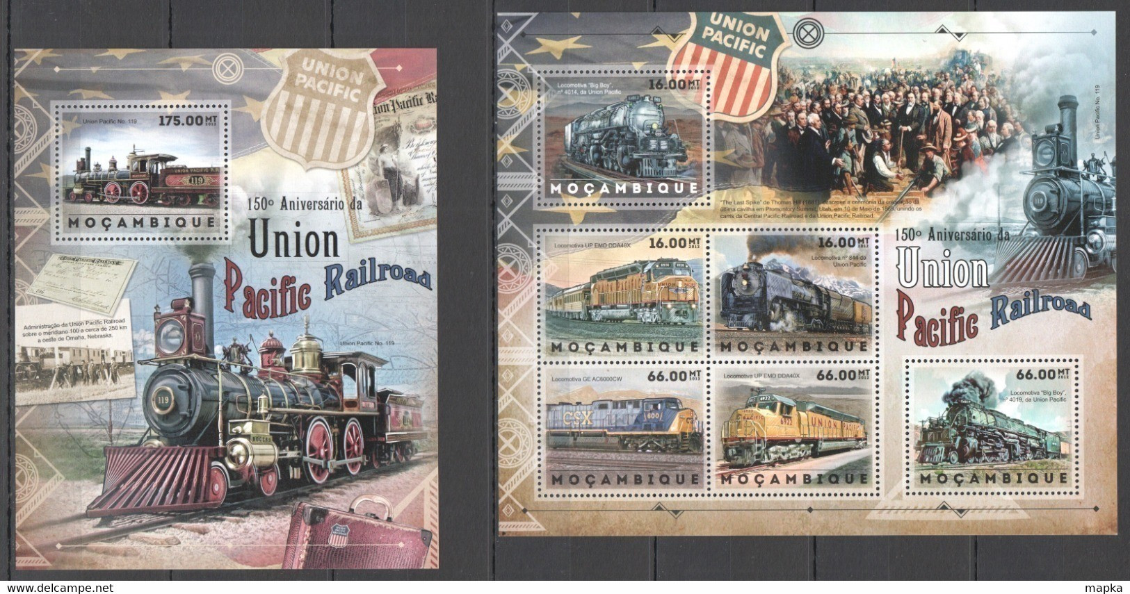 BC1155 2012 MOZAMBIQUE MOCAMBIQUE TRANSPORT TRAINS UNION PACIFIC RAILROAD 1KB+1BL MNH - Treni