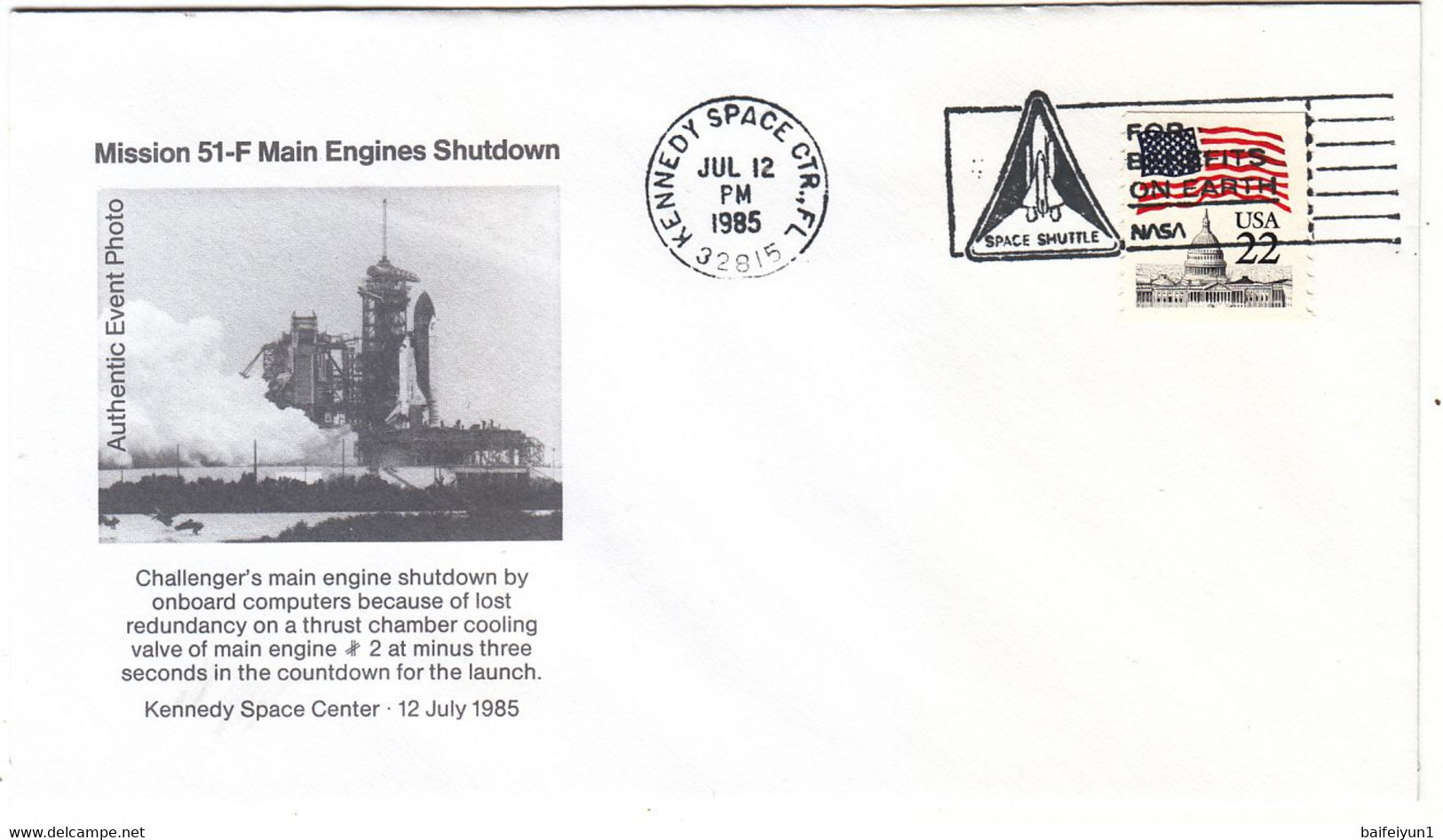 1985 USA  Space Shuttle Challenger STS-51F Mission And Main Engines Shutdown Commemorative Cover - North  America