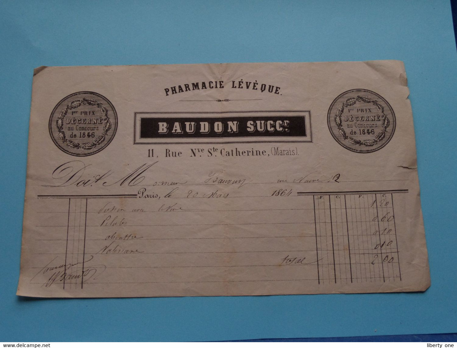 Pharmacie Lévèque ( BAUDON Succr. 11 Rue Nve. Ste. CATHERINE, MARAIS ) 1864 (voir Photo) ! - Old Professions